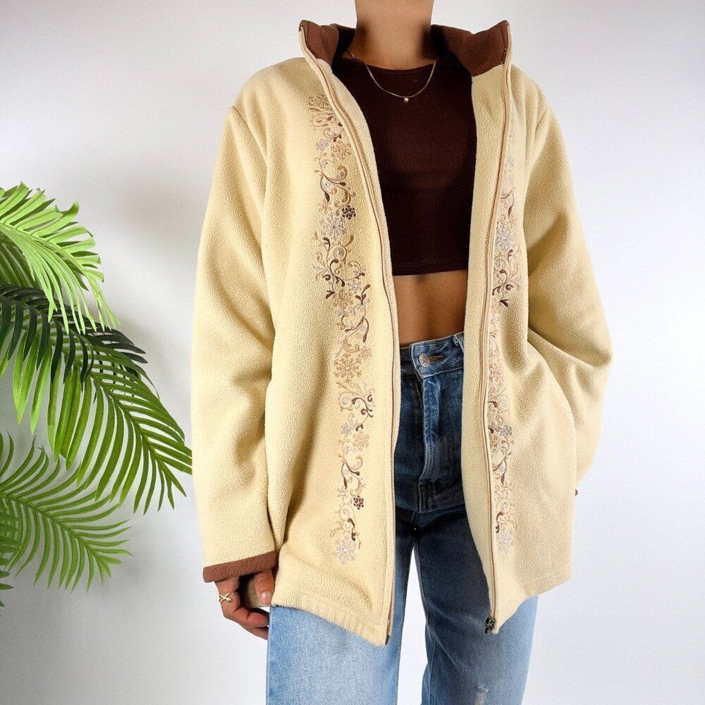 Vintage 90s Tan Floral Cottagecore Oversized Fairy Grandma Sweater Jacket /Large